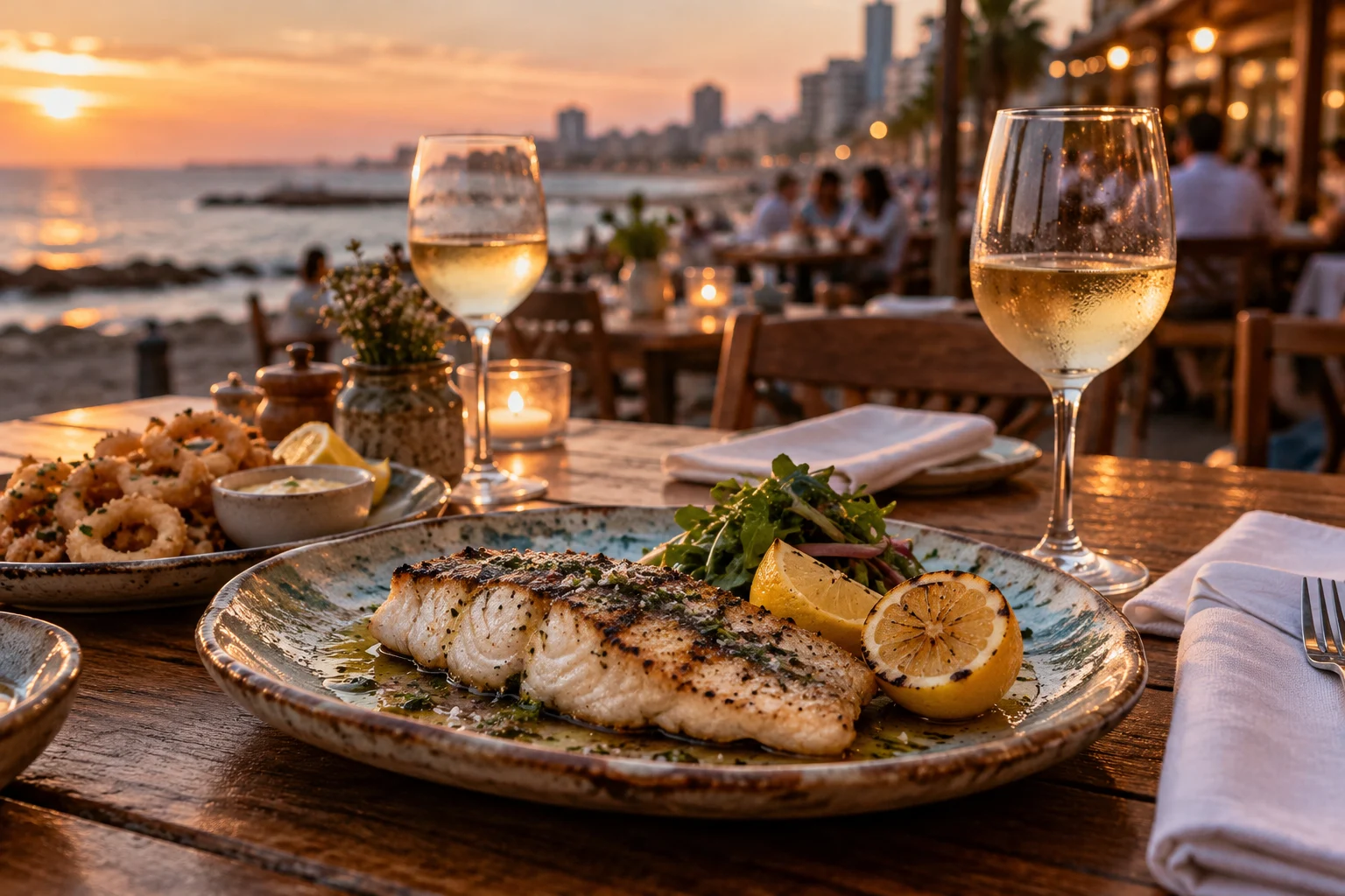 Mesa con pescado, rabas y vino en un restaurante costero