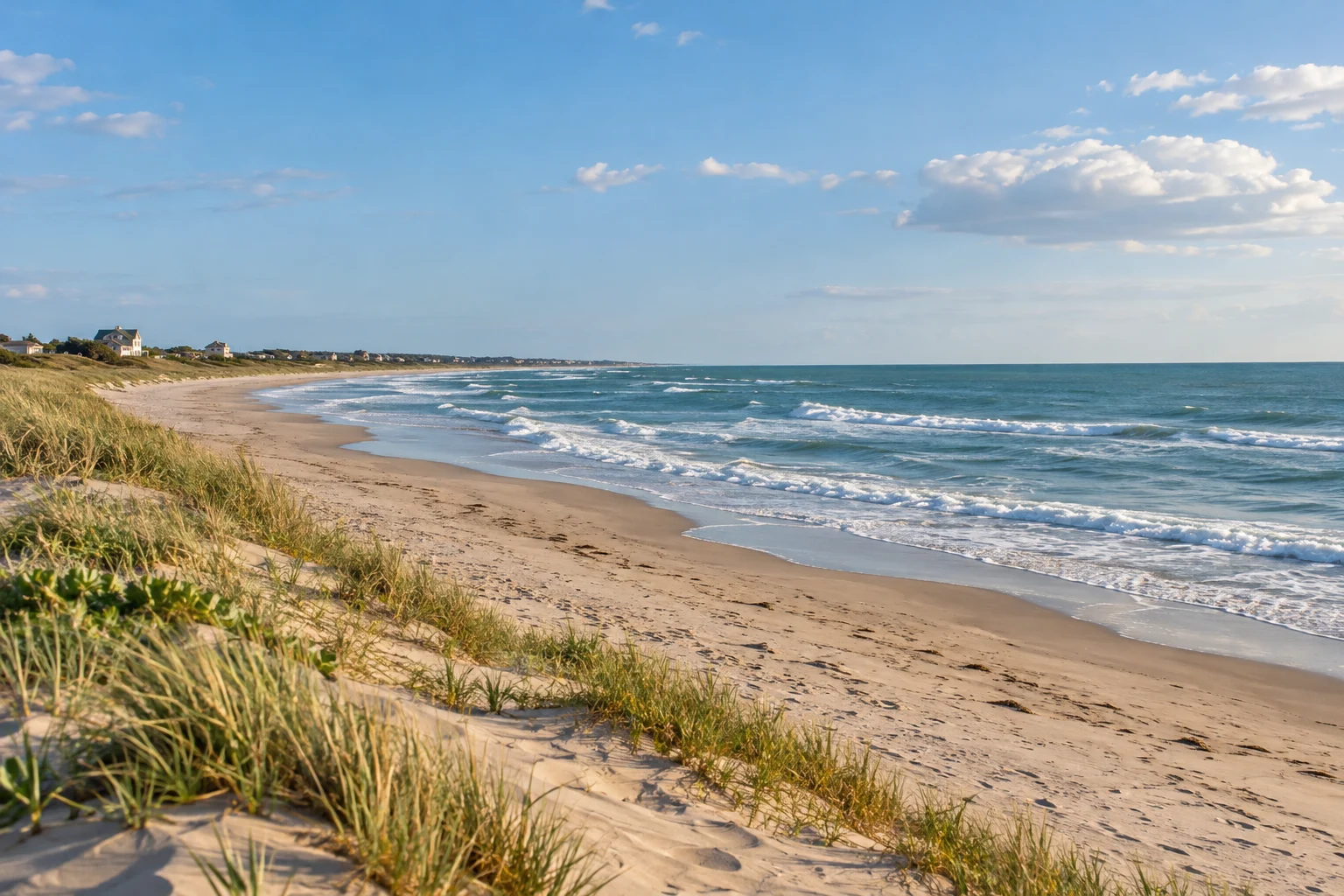 Playa tranquila de la costa bonaerense y dunas con vegetación