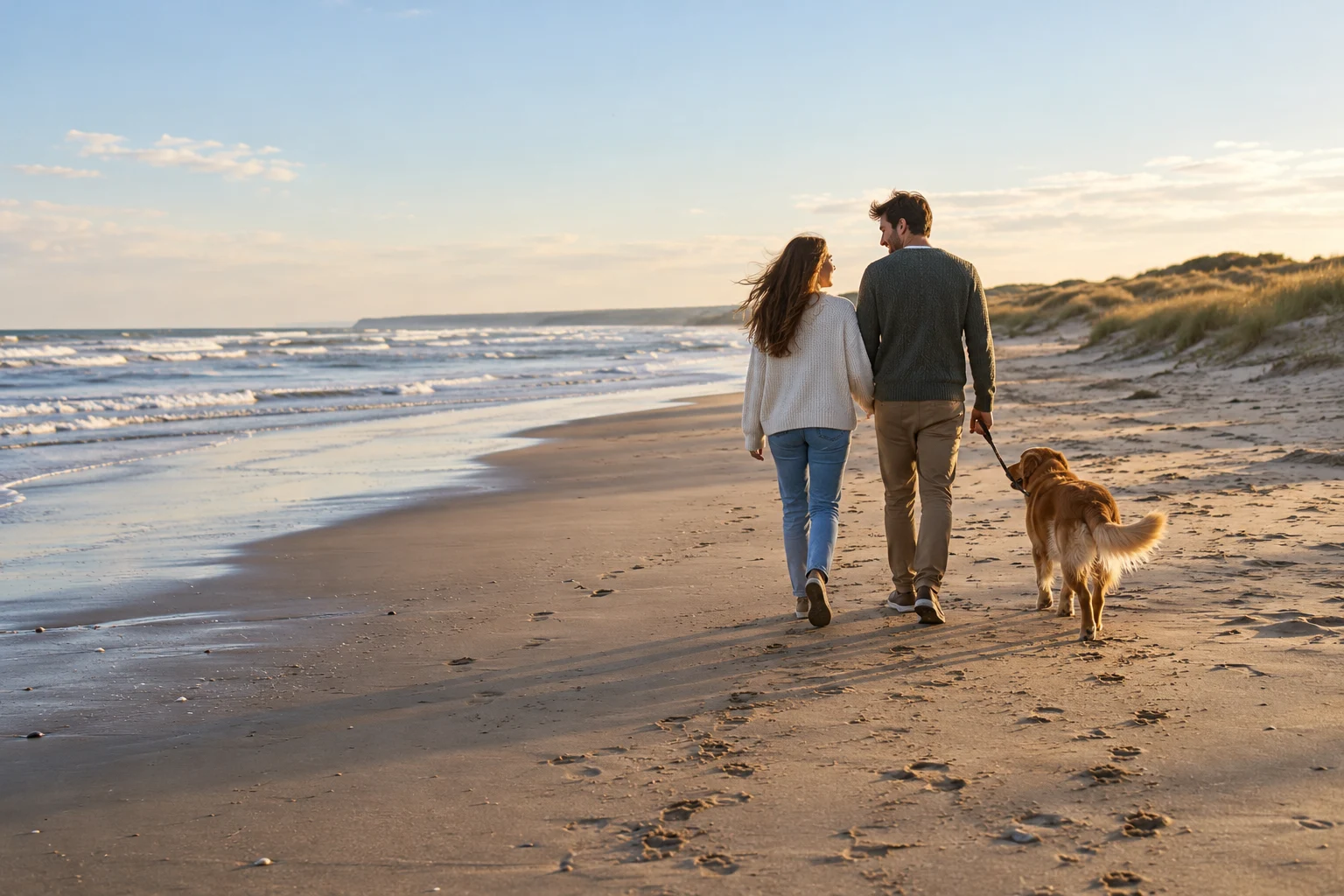 Una pareja pasea por la playa con su perro
